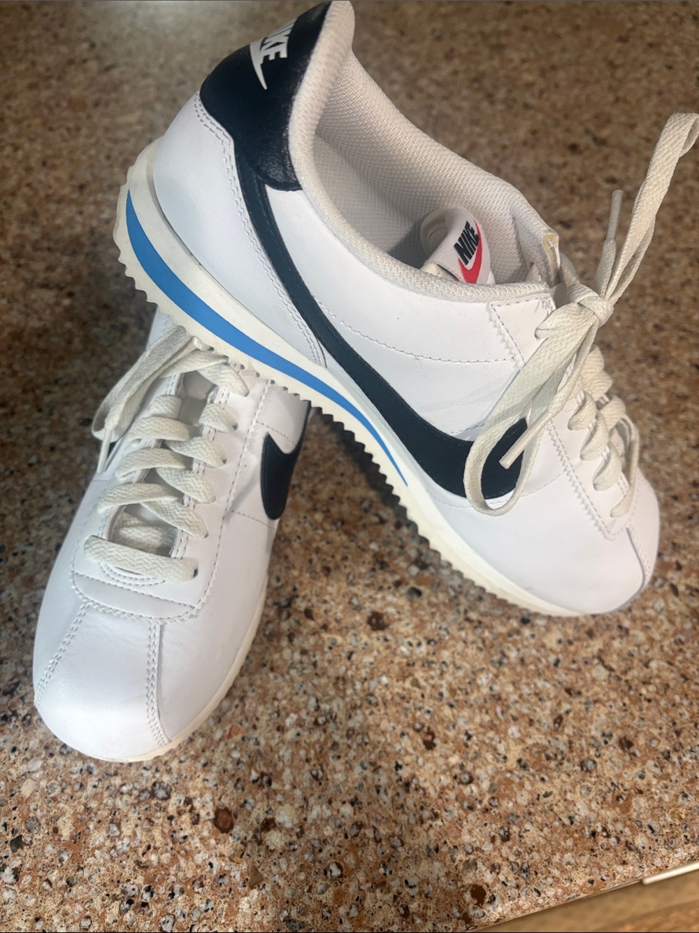 Nike Cortez 23  White, black& light blue Leather Sneakers. Size women 8